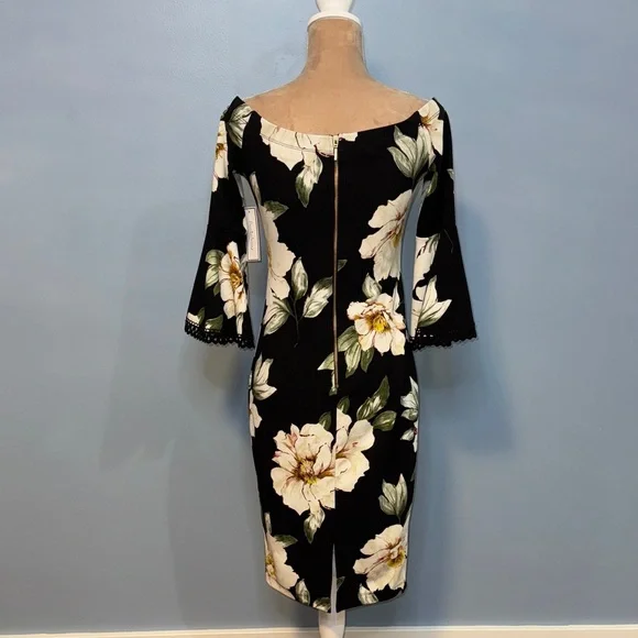 Premier Amour Chic Black Floral Midi Dress with Bell Sleeves Size 6 - Picture 7 of 13